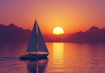 Sailing Into Sunset Serene Sailboat at Dusk on Calm Water With Mountains