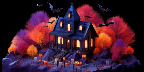 Isometric 3D Halloween Scene Featuring Haunted House Surrounded by Colorful Trees and Flying Bats
