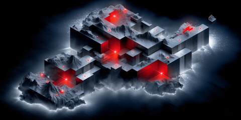 Isometric 3D Map Depiction of South Africa with Glowing Outlines and Red Accents