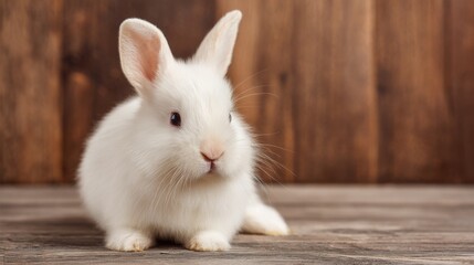 Obraz premium A fluffy white rabbit rests quietly on a rustic wooden floor. Its soft fur and gentle eyes create a serene atmosphere. Ideal for animal lovers and those appreciating small pets.