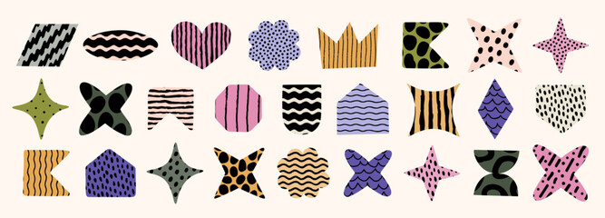 Abstract colorful shapes with playful pencil textures and patterns. Wavy, dotted, and striped hand-drawn vector designs. Great for stickers, fabric, wrapping paper, and decorative prints.