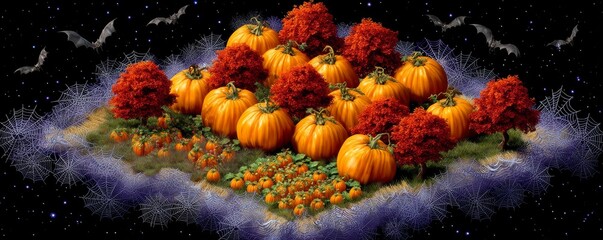 Isometric Pumpkin Patch with Vibrant Orange Pumpkins Surrounded by Autumn Foliage and Bats Flying Overhead at Night
