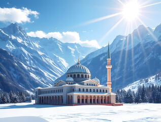 Origami-Style Digital Painting of a Snowy Mosque in Majestic Mountains