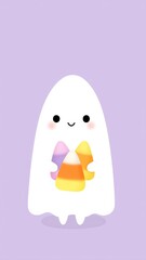 Kawaii-Style Ghost Holding Pastel Candy Corn Against Soft Lavender Background