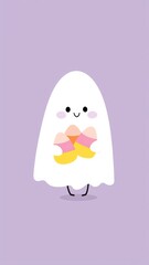 Kawaii-Style Ghost Holding Pastel Candy Corn Against Soft Purple Background