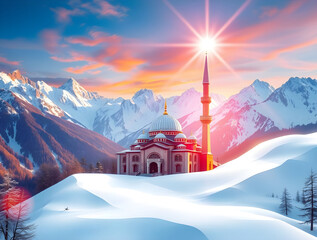 Origami-Style Digital Painting of a Snowy Mosque in Majestic Mountains