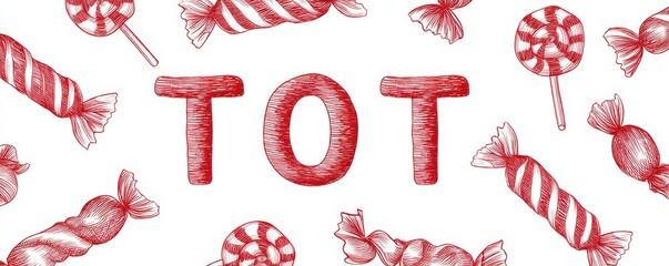 Light Sketch Style Illustration Featuring Red Candy Outlines and Spelling of 'TOT'