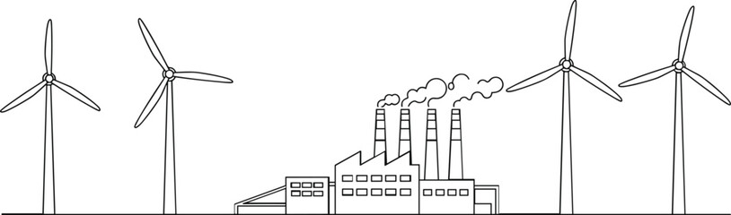 City wind turbine silhouette icon vector illustration on urban factory skyline