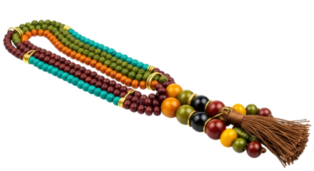 Colorful beaded necklace with tassel, isolated on transparent background