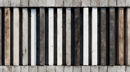 Detailed view reveals a symmetrical arrangement of vertically aligned wooden and stone elements, showcasing a rhythmic pattern of varying tones from light beige to deep brown, all set against a...