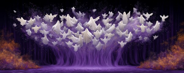 Miniature Bats Swarming Over a Purple Stage with Ethereal Lights and Textures