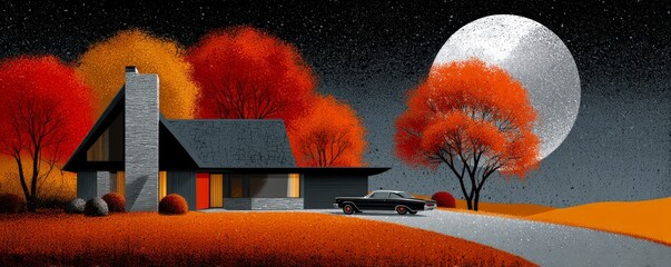 Mid-Century Modern House Surrounded by Vibrant Autumn Trees Under Moonlit Sky in Halloween Atmosphere
