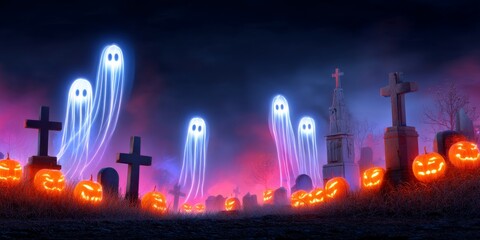 Neon Graveyard Scene with Glowing Pumpkins and Ethereal Ghosts in a Mystical Atmosphere