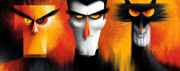 Stylized Halloween Characters with Exaggerated Features Against Orange and Black Background
