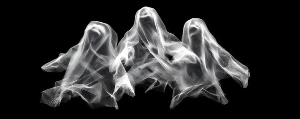 Three Ethereal Ghostly Figures in Minimalist Wireframe Design Against Black Background