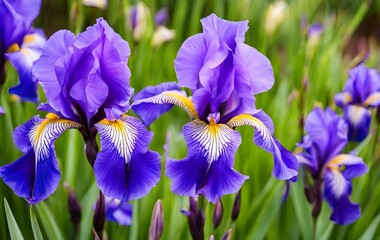 ibrant purple and blue iris blooms showcase their characteristic three-petal structure and sword-like foliage, ideal for sophisticated spring, garden, and botanical themes.