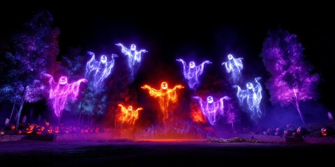Vibrant Neon Graveyard Scene with Glowing Pumpkins and Ethereal Ghostly Figures at Night