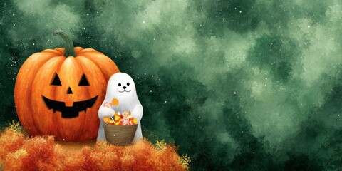 Whimsical Ghost Holding Candy Basket Beside Grinning Pumpkin in Sparkling Autumn Setting