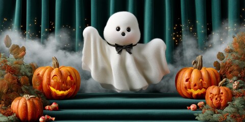 Whimsical Ghost Plush Toy with Bowtie Hovering Over Carved Jack-o-Lanterns on a Misty Podium