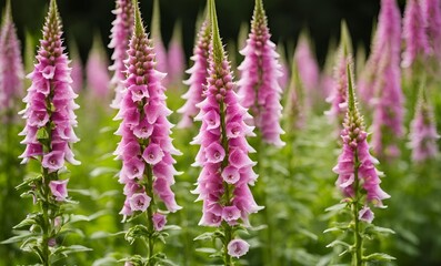 Fototapeta premium A dramatic vivid close-up of fuchsia and pink Foxglove or Digitalis spikes, creating an enchanting, fairy-tale vertical display perfect for summer floral backdrops.