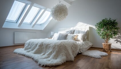 A bright, airy bedroom, boasting a white-toned interior, features a plush bed adorned with soft, fluffy throws, and a decorative plant in a woven basket.