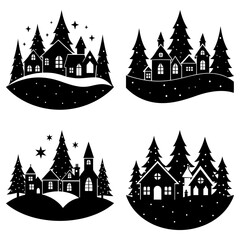Obraz premium Four black and white christmas village scenes with trees and stars in a festive silhouette design