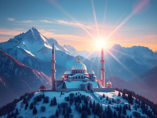Origami-Style Digital Painting of a Snowy Mosque in Majestic Mountains