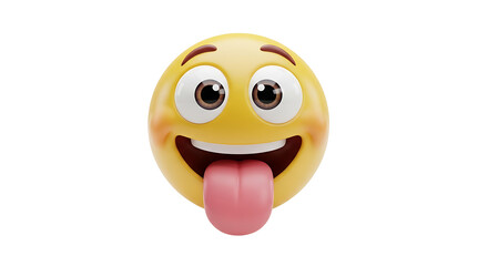 A playful 3D rendered yellow emoji face with a pink tongue sticking out and rosy cheeks on a white background, expressing a silly emotion.