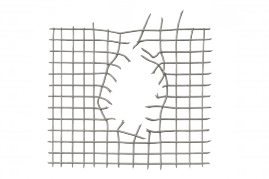 Broken wire mesh showing rip, barrier hole, escape through damaged fence or grid, transparent background - Powered by Adobe