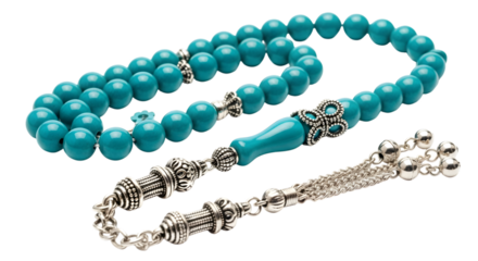 Turquoise prayer beads with silver details isolated on transparent background
