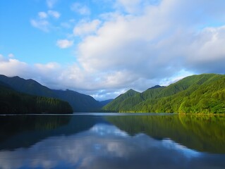 Fototapeta premium Tranquil lake surrounded by green mountains with cloudy sky reflections
