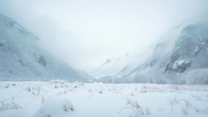 Winter Valley Covered in Snow with Alpine Peaks"