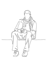 Man in scarf and jacket sitting and using phone. Continuous line drawing. Black and white vector illustration in line art style.