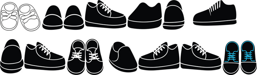 Set of Shoe Silhouette Vectors, Casual and Formal Footwear Clipart, Minimalist Black and White Shoe Icons