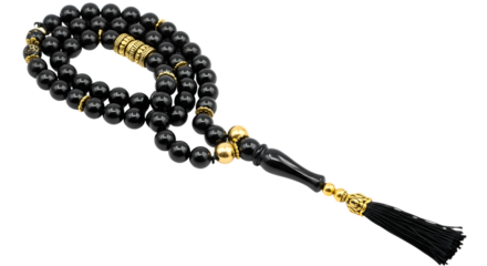 Black prayer beads with gold accents and tassel isolated on transparent background
