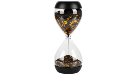 Hourglass with black and gold glitter flowing, isolated on transparent background