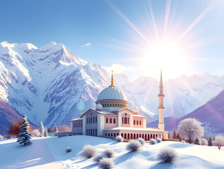 Origami-Style Digital Painting of a Snowy Mosque in Majestic Mountains