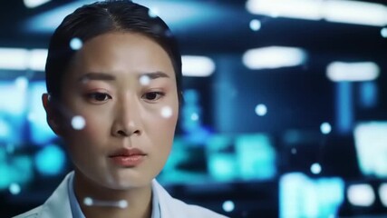 Female Scientist Interacting with Futuristic Holographic Interface - Powered by Adobe