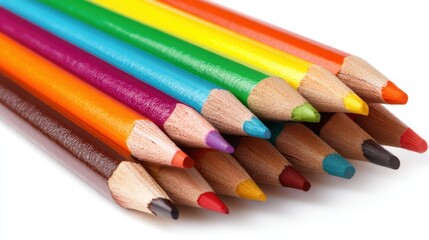 Vibrant colored pencils are neatly lined up on a clean white surface ready for drawing and creating fun art projects. The assortment includes various colors perfect for any artistic work.