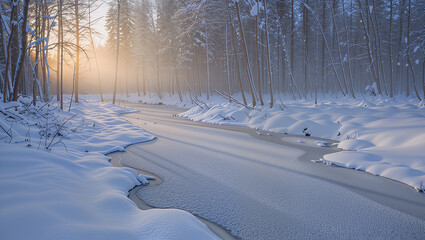 Frozen forest with sunlight beams on snow
