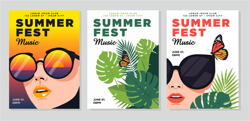 Trendy summer music festival posters with vibrant tropical vibes, perfect for promoting outdoor concerts and events with a cool, stylish aesthetic and a fun, youthful energy