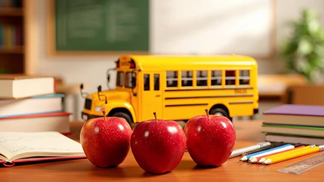 Teacher's Day Composition with Apples, School Bus, and Supplies - A still life composition featuring red apples, a yellow school bus model, books, and various school supplies.