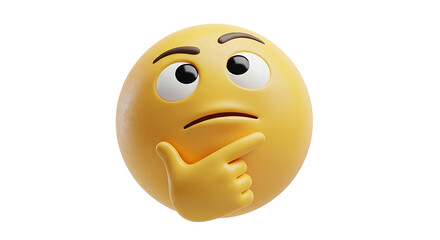 A 3D rendering of a yellow thinking face emoji with a raised eyebrow and a hand on its chin, isolated on a white background.
