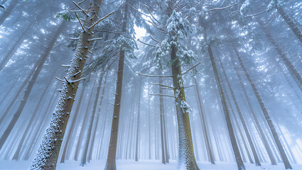 Tall snowy trees looking up in winter forest