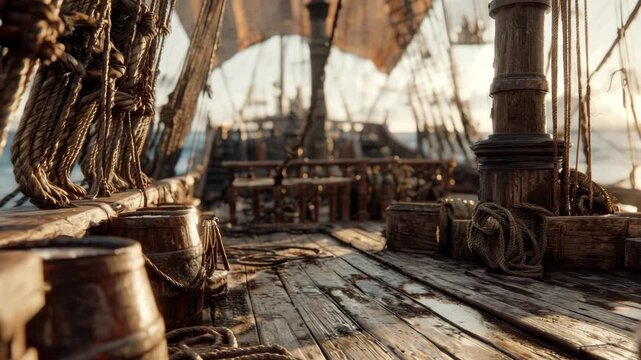 Close-up of a classic sailing ship's wooden deck with coiled ropes and barrels, warm lighting, ocean background, concept of maritime adventure