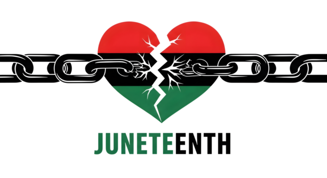 Juneteenth heart with broken chain symbolizing freedom and emancipation isolated on transparent background - Powered by Adobe