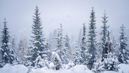 Snowy pine trees in heavy snowstorm