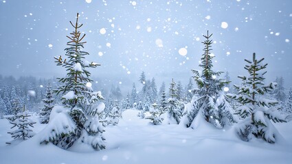Winter snowfall in pine forest wilderness