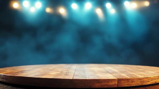 Wooden round table on dark blue abstract background with bokeh lights presentation