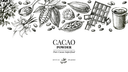 Hand drawn sketch cocoa chocolate product background. Vintage vector illustration of natural healthy food. Packaging design of cacao powder
